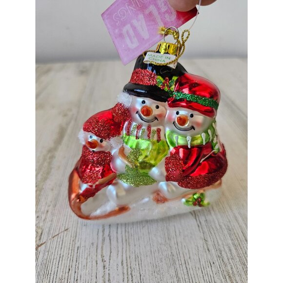 St Nicholas Glad tiding snowman sleds toboggan ornament glass Xmas tree - Picture 1 of 8
